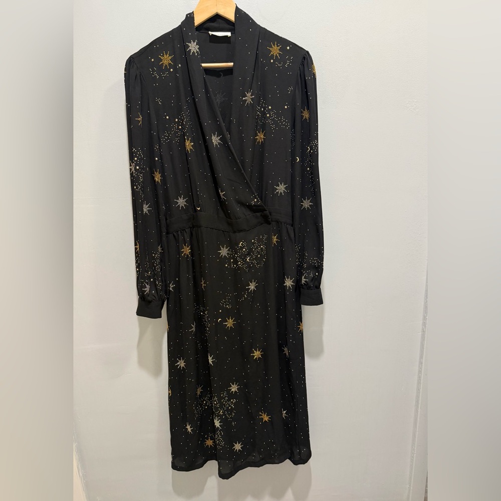 STINE GOYA Micaela Black Celestial Wrap Dress Gold & Silver Stars Small - Picture 2 of 7
